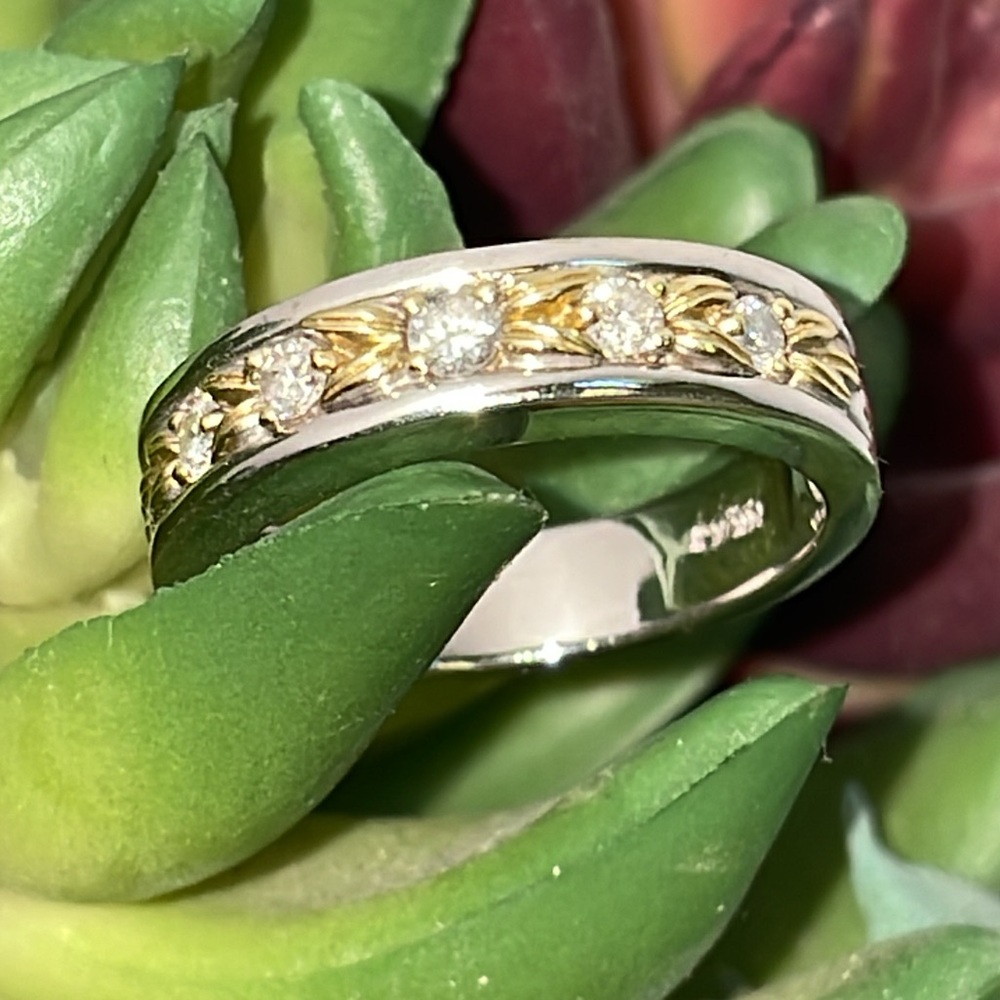 Solid 14K White & Yellow Gold Natural Diamond Band Ring Vintage Flowers Leaves